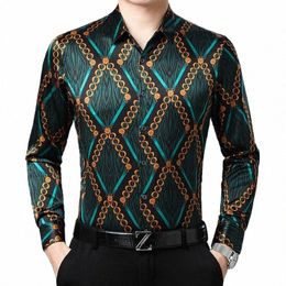 plaid 3D Print Silk Dr Men Shirt Smooth Luxury Lg Sleeve Gentleman Fi Casual Soft Comfortable Quality Camisa Masculina J255#