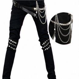 black Jeans Men Punk Zipper Chain N-Mainstream Men's Korean Jeans Trendy Fall Slim Fit Stretch Skinny Pants Free Waist Belt 78an#