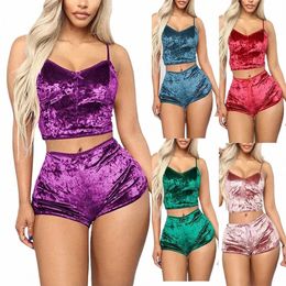 women's Veet Polyester Comfortable V-neck Underwear Setcamisole+shorts Pajamas Set Home Clothes Sleevel Top Shorts n06S#