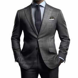 fi Grey Plaid Suits For Mens Busin Male Blazer Slim Fit Wedding Groom Tuxedos 2 Piece Set Jacket Pants Costume Homme P3lK#