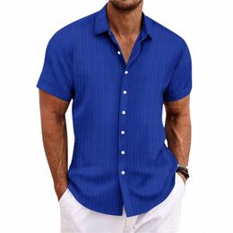 2023 Cross-border explosive Amaz Expr men's linen striped jacquard casual fi loose short-sleeved shirt z0rM#