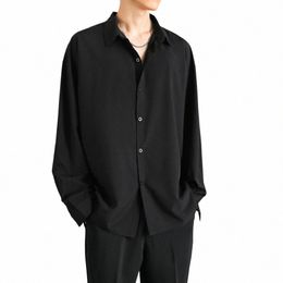 spring Autumn Lg-sleeved Shirt Men's Loose Harajuku Shirt for Men Casual Shirts Solid Colour Black Blouses Turn Down Collar 554m#