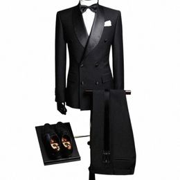 slim Fit Men Suits with Double Breasted Black Formal Wedding Groom Tuxedos 2 Piece Busin Male Fi Set Jacket with Pants l1Fo#