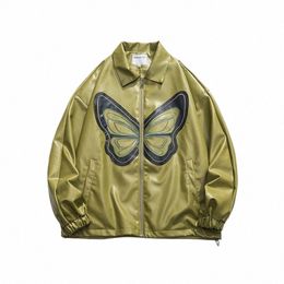 spring Autumn Embroid Butterfly PU Leather Motorcycle Jacket Unisex Rock Star Men Baseball Bomber Coat Varsity Women Vintage H4rV#