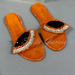 Slippers Orange Seude Rhinestone Women Round Toe Crystal Multicolour Shallow Flat Mules Outside Beach Shoes Custome Colour