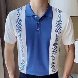 Streetwear Mens Knitted Slim Polo Shirt Short Sleeve Button Lapel Knit Polo Shirts Men Luxury Style Contrast Colour Knitting Top 240321