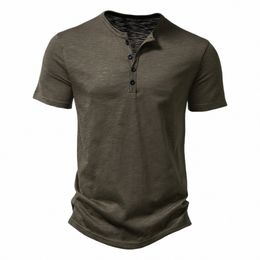 mens Summer Tee Shirt Bamboo Cott Solid Colour Botts V Neck Short Sleeve Henley T-Shirt Vintage Breathable Fit Polo Shirts R6L1#