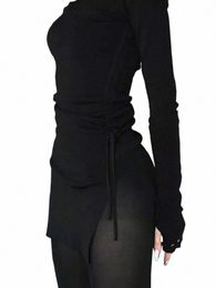 goth Dark Mall Gothic Drawstring Bodyc Women Mini Dres Y2k Punk Black Split Sexy Lg Sleeve Dr Grunge Basic Partywear Q6H4#