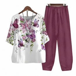 ladies Elegant Vintage Suit Butterfly Print White Two Piece Set Casual Female Loose Outfits O Neck Short Sleeve Shirt With Pants p6FT#