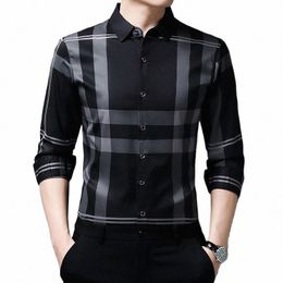 luxurious Men's Lg Sleeve Striped Shirt New Spring Autumn Ice Silk Busin Top Wrinkle-resistant N-ir Solid Men Clothing 47ge#