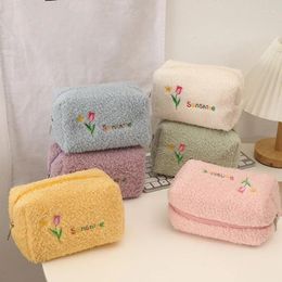 Storage Bags Embroidered Flowers Cosmetic Bag Pencil Case Soft Plush Makeup For Lipstick Jewellery Pouch Cute