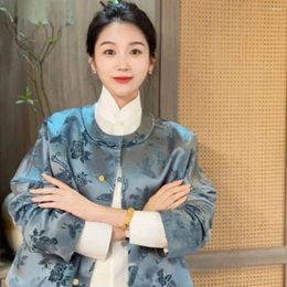 Ethnic Clothing 2024 Traditional Chinese Qipao Blouse National Flower Embroidery Women Autumn Tangsuits Top Elegant Daily Blue Coat