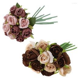 Decorative Flowers 67JE 12 Heads Simulation Artificial Rose Flower Silk Bouquet Wedding Party Home Decor