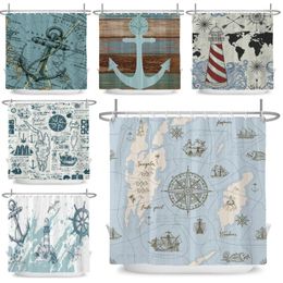 Shower Curtains Nautical Curtain 3D Blue Ocean Sailboat Lighthouse Anchor Fabric Decorative With Hooks Waterproof Washable