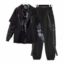 spring Autumn Women Chain Cargo Pants+Chian Blouse+Chain Vest Women Streetwear Harajuku 3 Piece Set For Women Pants 92Ew#