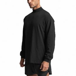 oversized Lg Sleeve T-shirt Mens Turtleneck Dropped Shoulder Loose Sports Fitn T Shirt Cott Gym Bodybuilding Tops Tees X11l#