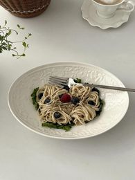Plates Embossed Oval White Plate Light Luxury Ceramic Deep Salad Breakfast Home Spaghetti Kitchen Tableware