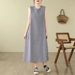 Casual Dresses Cotton And Linen Plaid Long Tank For Women Summer Female O Neck Sleeveless Large Size Elegant Beach Slim Vestidos