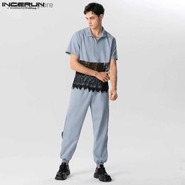 Men's T-Shirts 2024 Men Sets Lace Patchwork Transparent Lapel Short Sleeve Shirt Pants 2PCS Streetwear Loose Fashion Men Casual Suits24328