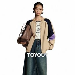toyouth Women Plush Baseball Jacket 2023 Winter Ctrast Raglan Sleeve Loose Coat Different Material Splicing Fi Outwear Y5nF#