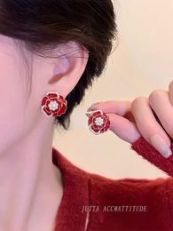 Designer earrings Camellia earrings, red studs, small fragrance earrings, bride 2024 new New Year, high-end temperament, retro