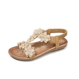 Sandals BEYARNECommfortable Flat Shoes Womens Large Size Summer Bohemian Flower Rhinestone Beach Thongs H240328FDHN