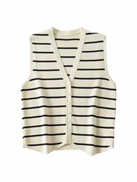 zevity New Women Fi V Neck Sleevel Striped Pattern Knitted Vest Sweater Female Chic Single Breasted Cardigan Tops SW4789 i8GJ#