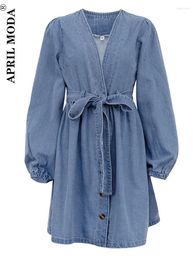 Casual Dresses 2024 Autumn Winter Sexy Blue Denim For Women V-neck Long Sleeve Lace-up Mini Dress Elegant Single-breasted Female