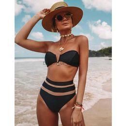 Women's Swimwear Sexy High Waist Bikini Women Solid White Mesh Strapless Mini Swimsuit Brazilian Bathing Suit Push Up Swimwear Biquini Beachwear T240328