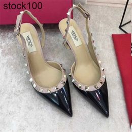 Valentins Shoe V-shaped Rivets with High Heels Sandals Pointed Middle and High Heels Genuine Leather Fashionable Liuding Slim Heels Womens Singles Shoes