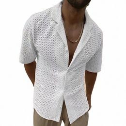 men Knitting Shirt Solid Colour Lapel Short Sleeve Streetwear Butt Fi Tees Shirts Hollow Out Tops Casual Men Clothing W1vW#