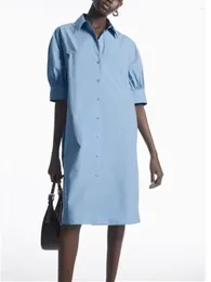 Casual Dresses Women's Short Puff Sleeve Mini Robe Pink Or Blue Spring Summer Turn-down Collar Female Simple Single Breasted Shirt Dress