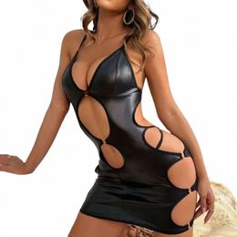 sexy Women Mini Dr Hollow Out Black Pu Half Cup Dr Spaghetti Strap Street Clothing Vestidos Backl Erotic For Cosplay k9Ze#