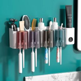 Holders Toothbrush Holder With Cup Punchfree Wallmounted Toothpaste Rack Automatic toothpaste squeezer Bathroom Organiser Accessories