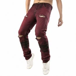 2020 New Men's Slim Stretch Jeans Fi Biker Hole Ripped Cowboy Trousers Male Brand Red Wine Pants e1jR#