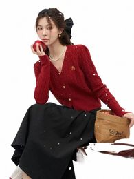 mishow V Neck Twist Sweater Cardigan Women Autumn Winter Knitted Graphic Crop Sweaters Tops Cherry Embroidered MXC55Z0416 t5KY#