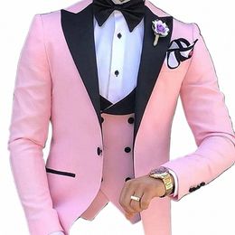 pink Mens Suits 3 Pieces Slim Fit Casual Busin Groomsmen Green Champagne Lapel Tuxedos for Formal Wedding Blazer+Pants+Vest E2jK#