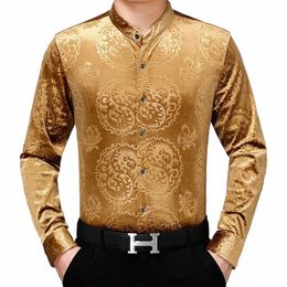 man Velour Clothing Elegant Patterns Veet Shirts Fi Mandarin Collar Male Dres 53cq#