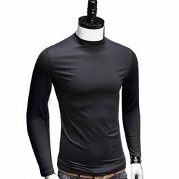 men's Turtleneck Tops Casual Full Lg Sleeve Solid Black Stretch Base Layer for Autumn Winter Stretch Kpop Designer T Shirt Men Q8Ai#