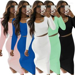 Work Dresses Autumn 2pcs Dress Set For Women Solid Long Sleeve Crop Top And Slim Fit Skirts Sexy Package Hip Club Matching