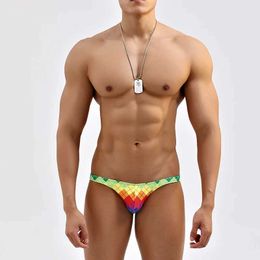 Underpants Sexy colored grid geometric mens swimsuit narrow side ultra-low waist tight fitting mens swimsuit bikini swimsuit J240328