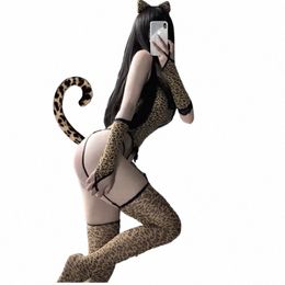 erotic Sexy Lingerie Bodysuit Women Teddy Leopard Cat Girl Cosplay Costumes Anime Maid Love Live Temptati Uniform with Socks q6JW#