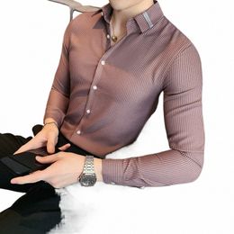 2023 رخيصة Busin Men Shirt العلامة التجارية fi lg sleeve shirt الرجال جميعها تطابق رفيع القمصان مخططة رجال ارتداء بلوزة Homme D1v2#