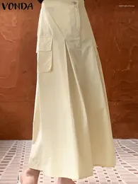 Skirts Women 2024 VONDA Vintage High Waist Pockets Casual Long Skirt Loose Solid Colour Bottoms Streetwear Cargo