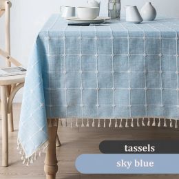 Pads Threedimensional Jacquard Chequered Lace Tablecloth,Cotton Linen Tassels DustProof Table Cover,For Dinning Party Wedding Decor