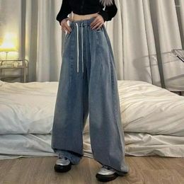 Women's Jeans All-season Vintage Wide Leg Denim With Elastic Waist Crotch Pockets For Women Stylish Hop Streetwear Solid Colors