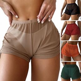 side Drawstring High Waist Bikini Shorts Solid Color Elastic Waistband Swimming Trunks See-through Above Knee Women Beach Shorts o2Ji#