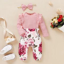 Clothing Sets 0-18M Born Baby Girls Clothes 3Pcs Set Ruffle Romper Long Sleeves Bow Pants Headband Infant Spring Autumn Toddler Outfit