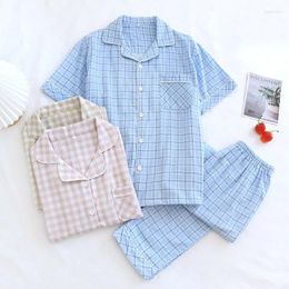 Home Clothing Yarn-dyed Plaid Couple Short-sleeved Trousers Pyjamas Suit Men And Women Spring Summer Autumn Thin Cotton Nightwear Pyjama Set