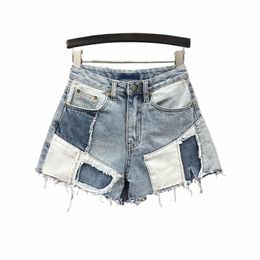 أزياء الشارع ctrast color patchwork denim shorts fi fi high weist geans rovie short female 2023 summer new pant a6zm#